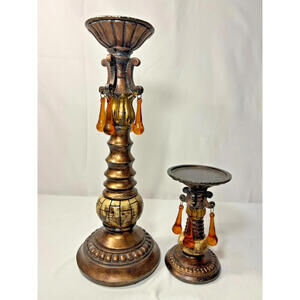 Vintage Brass Bronze Candle Holders Set of 2 Beaded Resin Pillar 11"